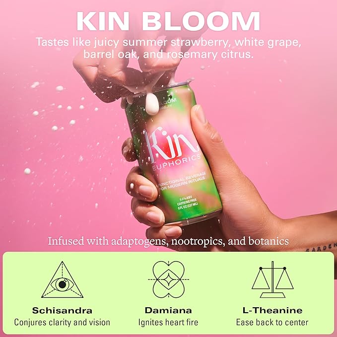 Kin Euphorics Kin Bloom Non-Alcoholic Functional Beverage | All day rosé | Elevate Your Mind & Spirit | Prebiotic | L-Theanine, Schisandra, Damiana | Ready to Drink | 8 Fl Oz (16pk)