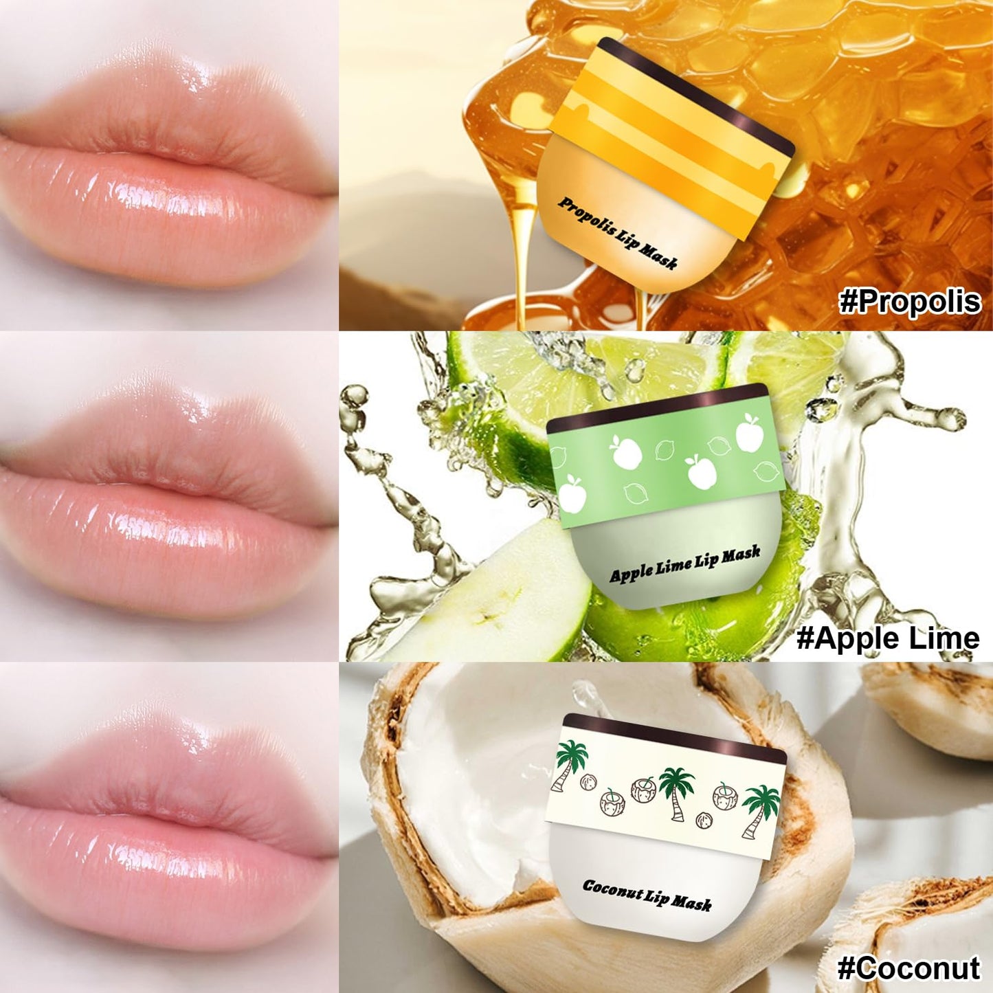 6 PCS Bee Lip Balm Honey Pot, Propolis Lip Mask Overnight, Moisturizing Hydrating Lip Sleeping Mask Prevention Dry and Cracked, Reduce Lip Lines (Strawberry&Watermelon&Honey&Cherry&Coconut&Apple Lime)