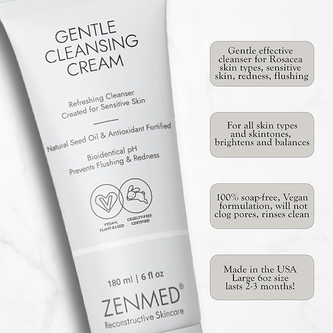 ZENMED Gentle Cleansing Cream - 6 oz. 100% Vegetarian Natural See Oil & Antioxidant Fortified Help Control Redness & Flushing pH 6.0 Soap-Free Will Not Over-Dry