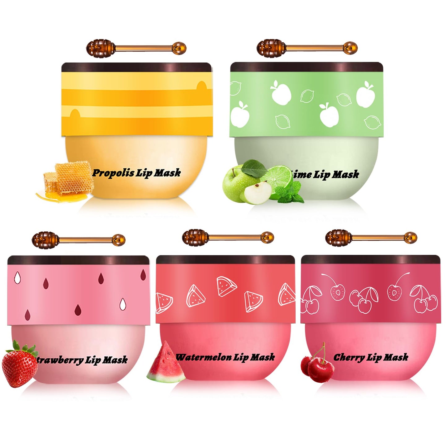 AOAZXBB 5PCS Bee Lip Balm Honey Pot Honey Watermelon Cherry Apple Strawberry Lip Balm,Moisturizing Sleeping Lip Mask Reduces Lip Lines Prevention Dry and Cracked