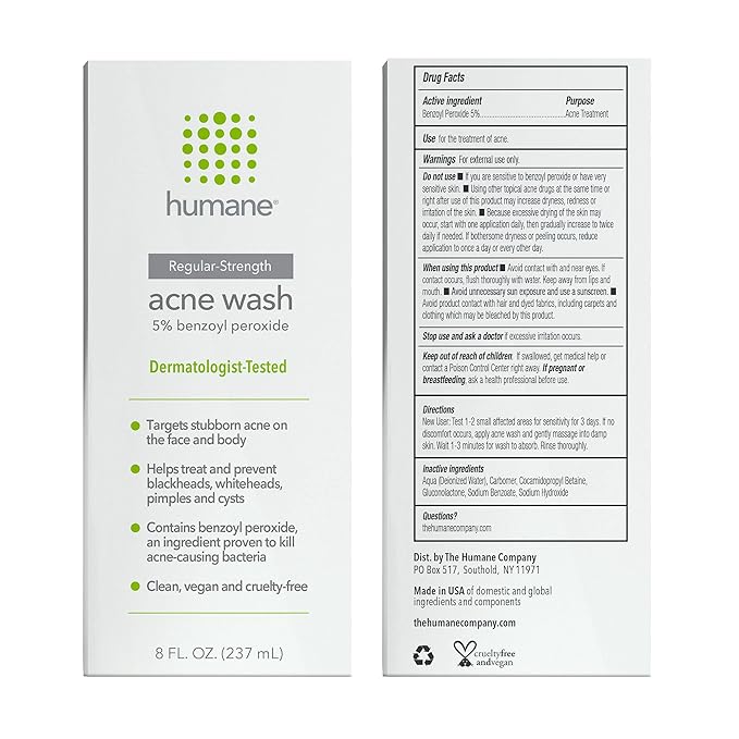 humane Benzoyl Peroxide Acne Face Wash - 5% Regular-Strength Acne Treatment for Face, Skin, Back and Body - 8 Fl Oz - Dermatologist-Tested Non-Foaming Cleanser - Vegan, Cruelty-Free