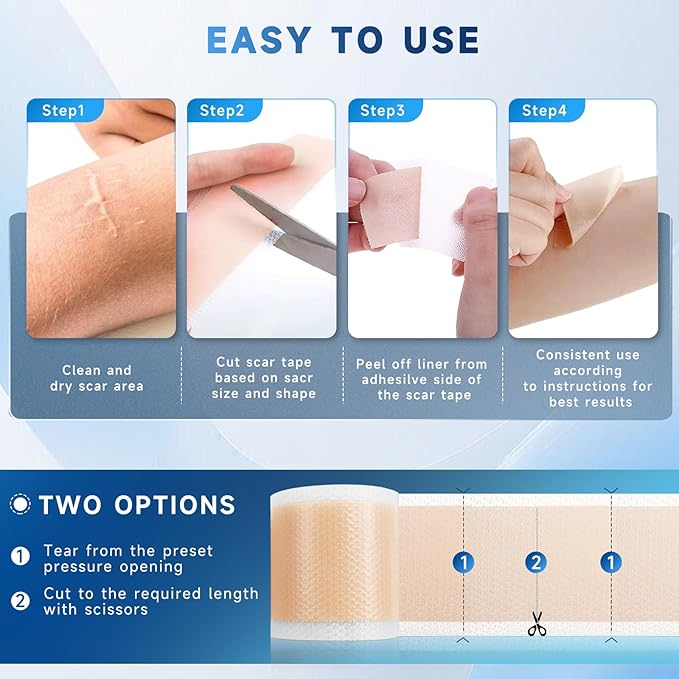 Silicone Scar Sheets, Silicone Scar Tape(1.8” x 157” Roll 4M), Silicone Scar Sheets for Surgical Scars, Keloid Bump Removal, Stretch Marks Removal, C-Section, Burn et