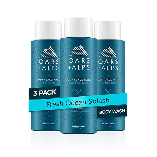 Oars + Alps Men's Moisturizing Body and Face Wash, Skin Care Infused with Vitamin E and Antioxidants, Sulfate Free, Fresh Ocean Splash, 3 Pack