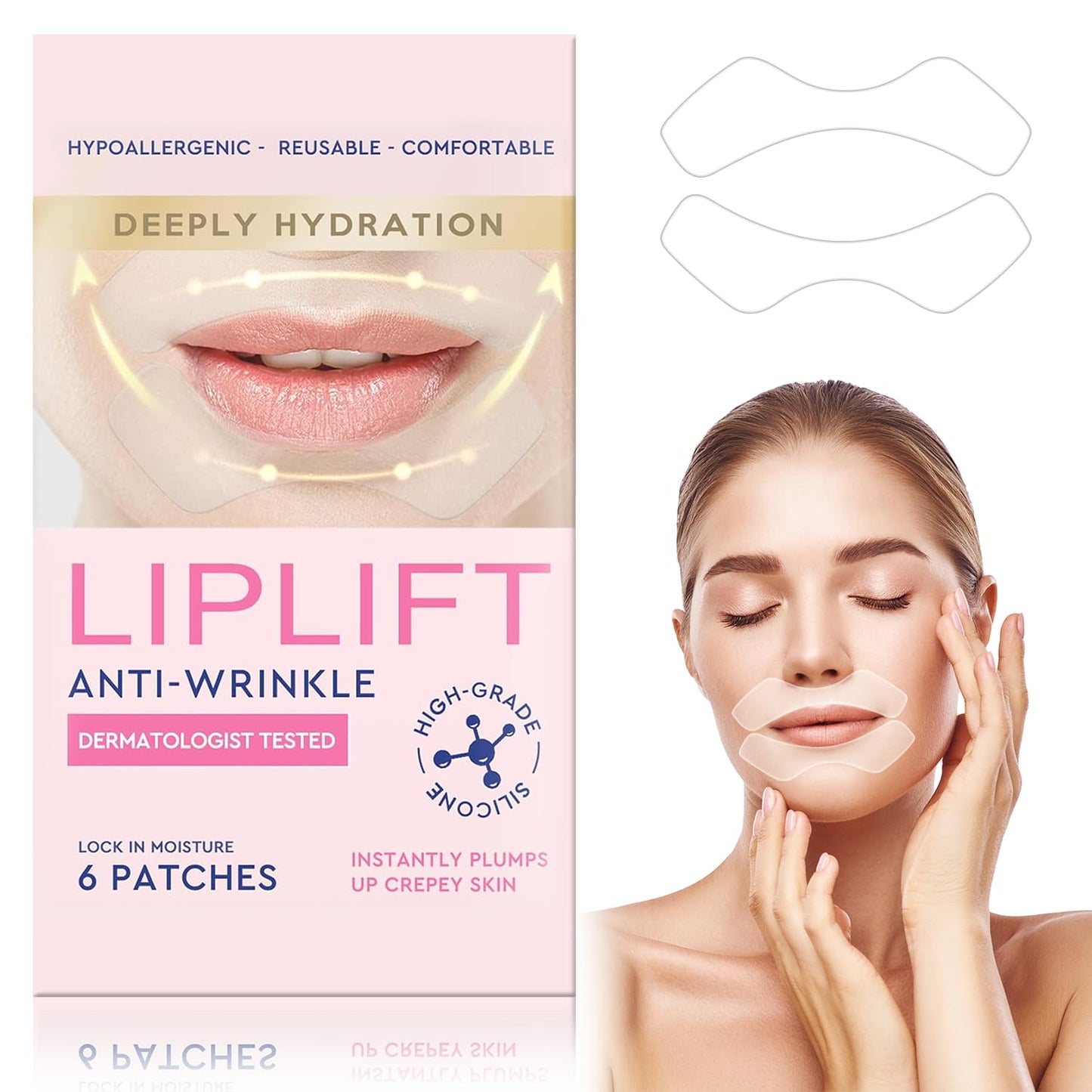 HOOJLX Anti Wrinkle Patches for Lips, Smoothing Smile Line & Lip Area Wrinkles, 6 Patches Skin-friendly Lip Lift Wrinkle Remover Patches