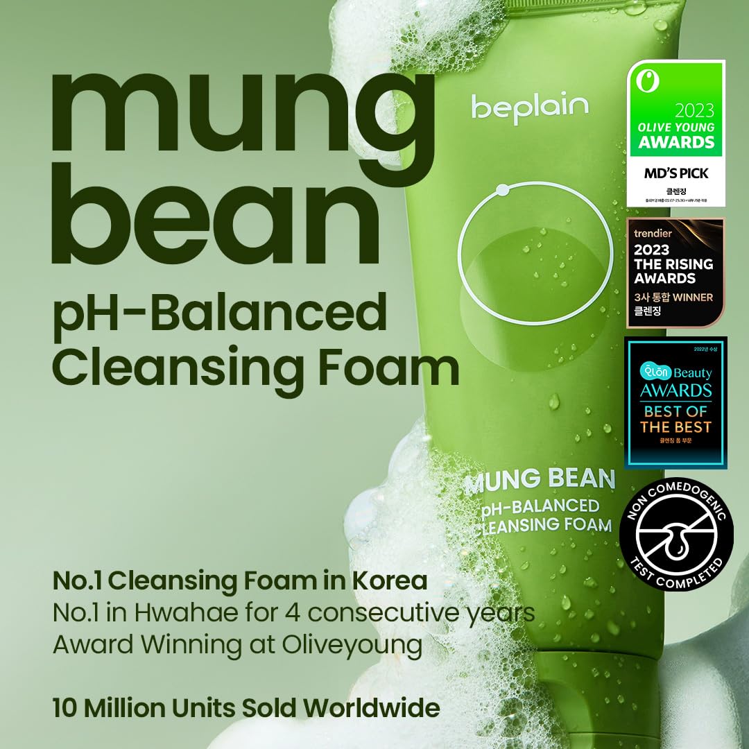 beplain Mung Bean pH-Balanced Cleansing Foam (2.7fl.oz/80ml) | Fragrance-Free | Non-Comedogenic Tested | Deep Pore Facial Cleanser | Suitable for Sensitive Skin | Face Mask Cleanser | Korean Skincare