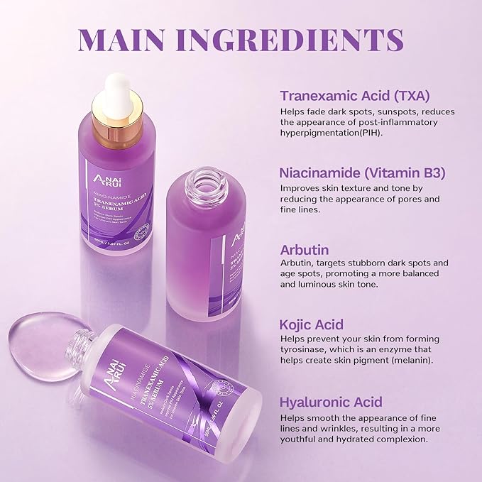ANAI RUI 5% Tranexamic Acid Serum With Niacinamide,Kojic Acid, Arbutin,for Uneven Skin Tone 1.69 FL.Oz/50 ML