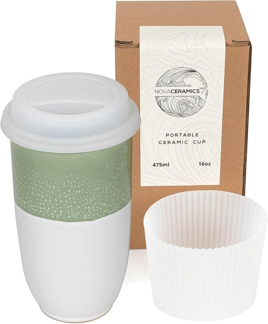 NOVA CERAMICS Travel Mug - Tea Tumbler– Microwave & Dishwasher Safe Coffee Mug Green & White Tumbler - Gifts For Women Men Him Her – 16oz – Sage Green
