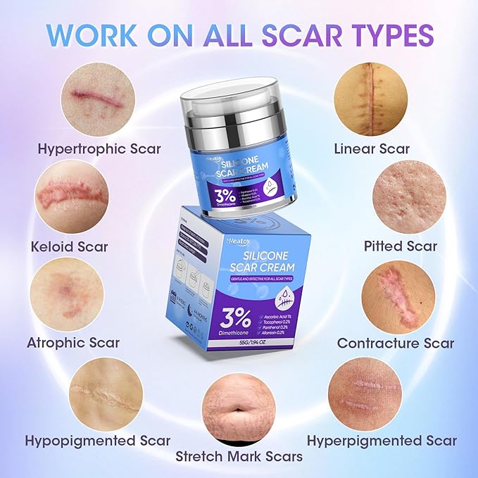 Silicone Scar Cream for Surgical Scars, 3% Dimethicone Complex Silicone Scar Gel for Old & New Scars, C-Section, Pregnancy, Acne, Injury, Keloids, Burns, Non-Irritating Scar Removal Cream(55ML)