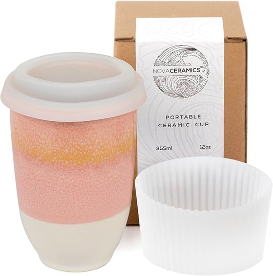 NOVA CERAMICS Travel Mug - Travel Coffee Mug – Iced Coffee Cup Unique to Go Mug – Microwave & Dishwasher Safe Coffee Pink Tumbler - Gifts for Women Men Him Her – 12oz – Afterglow