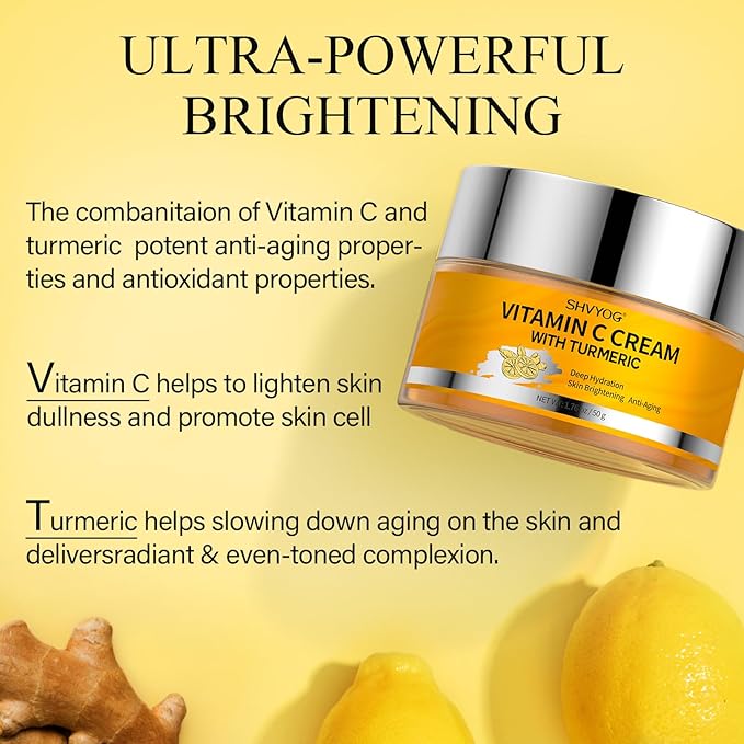 Vitamin C Face Moisturizer, Turmeric Vitamin C Face Cream, Anti-aging Hydration Skin Firming & Brightening Cream for Dark Spots, Wrinkles, Uneven Skin Tone, Vitamin C Lotion for Instant Glow, 1.76 OZ