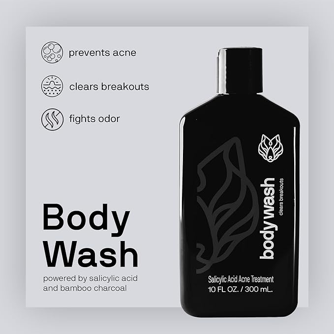 Black Wolf Salicylic Acid Body Wash for Men - Acne Body Wash - Charcoal Helps Reduce Acne Breakouts & Cleanse Your Skin - Full Coverage & Deep Clean Treatment - Men's Bodywash, 10 Fl Oz