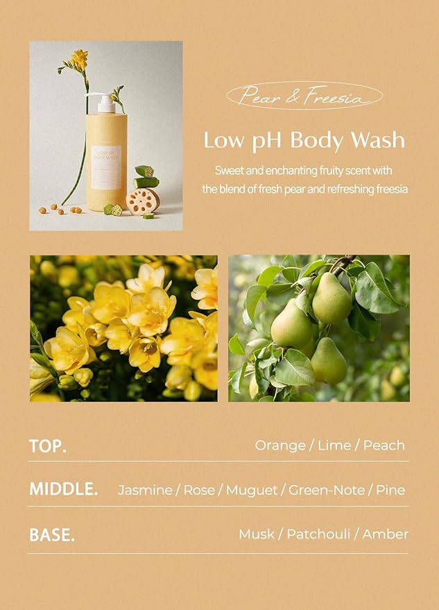 laferme Low pH balanced Gentle Korean Body Wash with Natural & Organic Ingredients, Hypoallergenic for Sensitive Skin, Moisturizing & Hydrating for Dry Skin, For Women & Men, 33 Fl Oz, Pear & Freesia