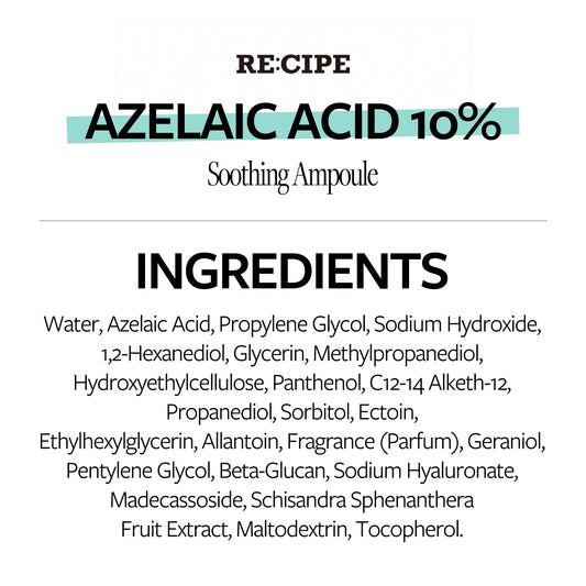 RECIPE Azelaic Acid 10 Soothing Ampoule - Soothing Serum, Facial Serum for Sensitive skin - Korean Skincare for Mild Breakouts (1.01 fl oz)