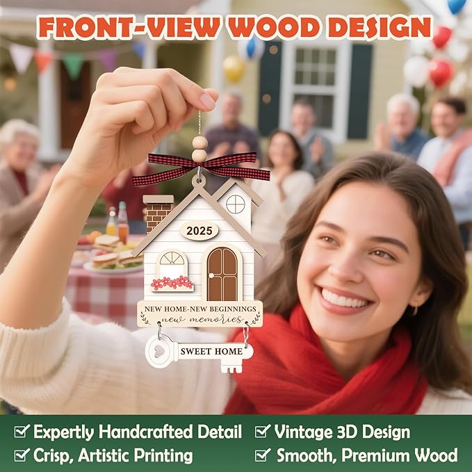 2025 New Home Ornament - Wooden Housewarming Gift for Homeowners, Couples & Friends - New Home New Beginning First Christmas House Ornament