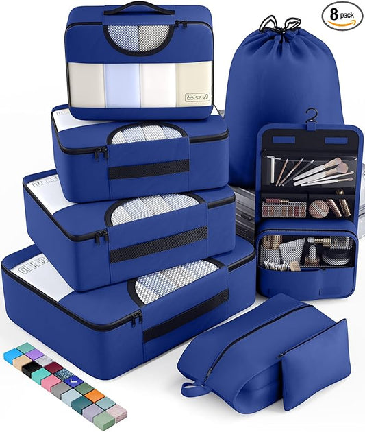 Veken 8 Set Packing Cubes for Travel Essentials, Suitcase Organizer Bags in 4 Sizes, Carry-On Luggage Accessories with Large Laundry & Hanging Toiletry Bag, Must-Have for Airplane, Road Trip & Camping