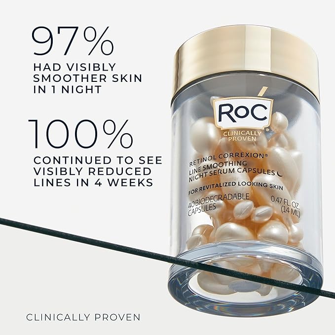 RoC Retinol Correxion Anti-Aging Wrinkle Night Serum, Daily Line Smoothing Skin Care Treatment for Fine Lines, Post-Acne Scars, 80 Capsules (Limited Edition Value Set)