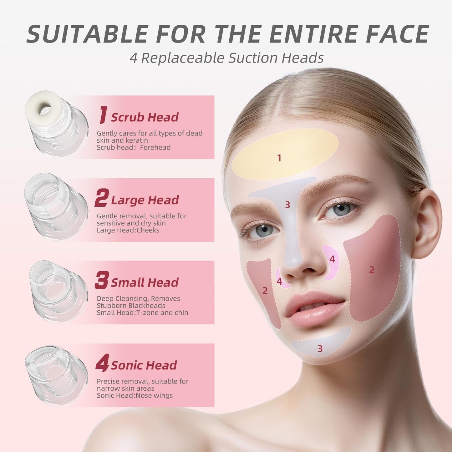 Blackhead Remover Pore Vacuum, Face Cleaner Extractor, 4 Suction Heads & 3 Adjustable Modes, USB Charging Interface, Blackhead Vacuum Kit for Women&Men(Pink)