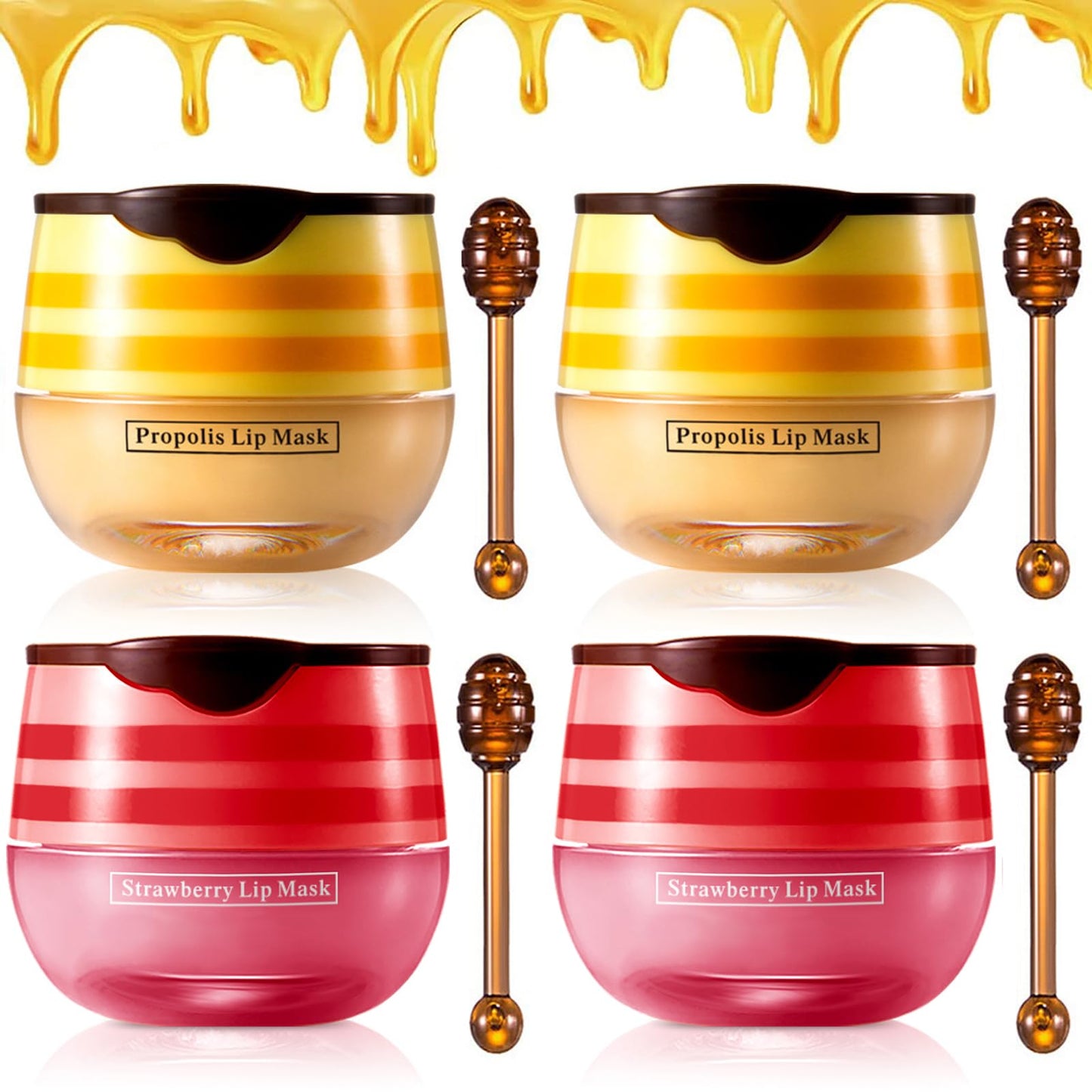 4PCS Strawberry & Honey Lip Balm, Vitamin E Moisturizing Propolis Sleeping Lip Mask, Effective Reduces Lip Lines Prevention Dry and Cracked Lip Scrubs Exfoliator Smoothing Dry Lip Care