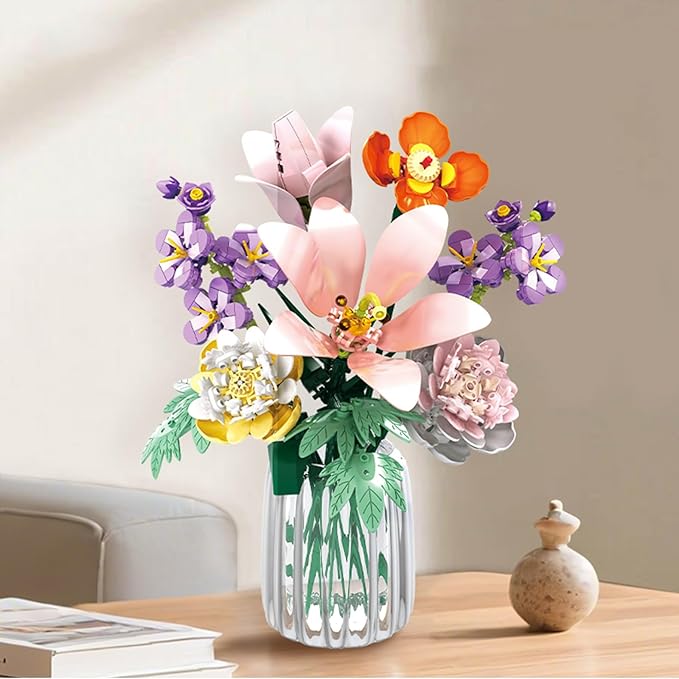Flower Lily Building Blocks Bouquet Set, DIY Floral Arrangement Kit, Artificial Flowers Creative Decor for Home, Ideal Gift for Adults & Kids 563pcs (No Vase)