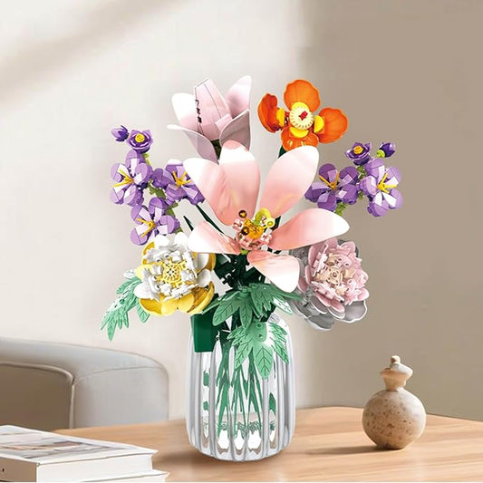 Flower Lily Building Blocks Bouquet Set, DIY Floral Arrangement Kit, Artificial Flowers Creative Decor for Home, Ideal Gift for Adults & Kids 563pcs (No Vase)