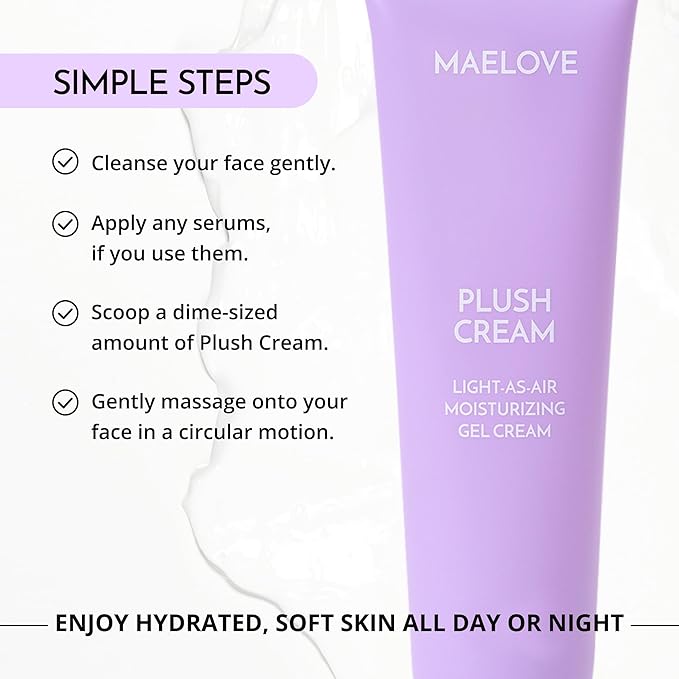 MAELOVE Plush Cream Lightweight Moisturizer, Unscented Hydrating Face Cream with Squalane, Hyaluronic Acid, For Oily and Sensitive Skin, Vegan, Made in USA, 2.0 fl oz