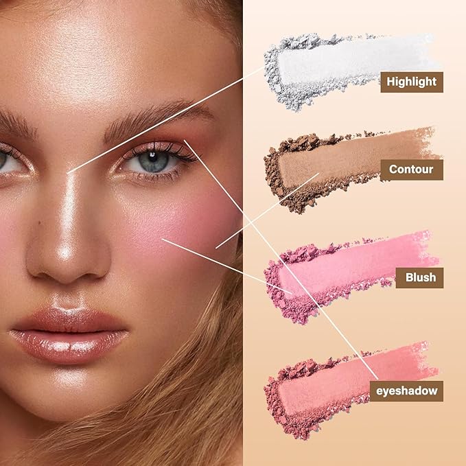 Contour Highlighter Blush Powder Makeup Palette, 4 Colors