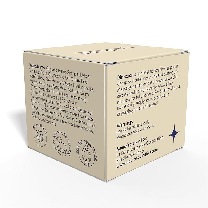 Beef Tallow for Skin, Grass-Fed Tallow Face Cream with Hyaluronic Acid, Aloe Vera & Frankincense, Non-Greasy Anti-Aging Moisturizer, Citrus Scent, 2 oz