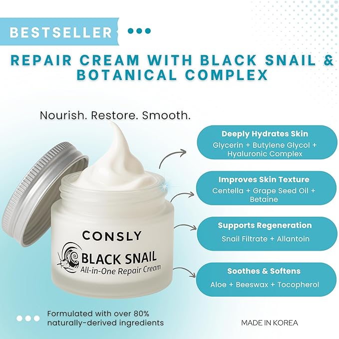 CONSLY_Black Snail All-In-One Repair Cream, Regenerating Moisturizer, Reduces Wrinkles, Improves Texture, Deeply Hydrating, For All Skin Types, 70ml