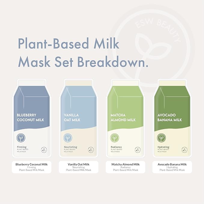 ESW Beauty Plant-Based Milk Face Masks - 8-Pack Variety Set - Hydrating, Radiance, Firming & Soothing with Avocado, Matcha, Blueberry, Vanilla & Oat Extracts for All Skin Types