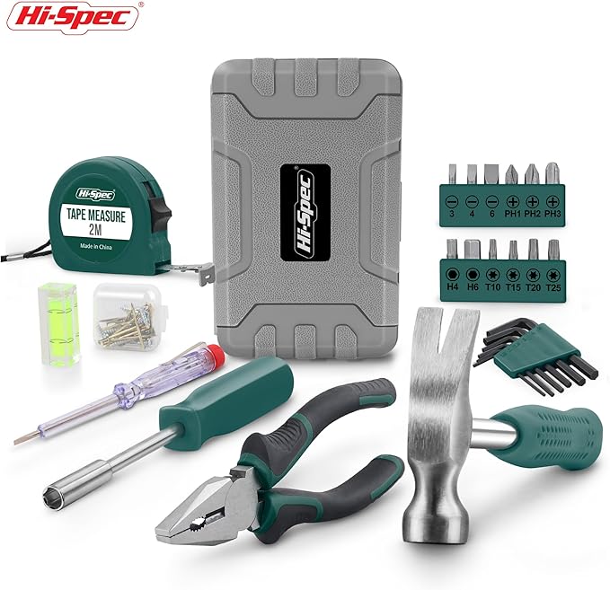 Hi-Spec 25pc Green Small Compact Hand Tool Kit Set for Home & Office DIY. Household Basic Toolkit Starter Repairs in a Portable Tool Box Case