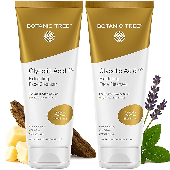 Botanic Tree Glycolic Acid Face Wash, Exfoliating Facial Cleanser For Facial Skin Care, Acne Treatment Face Scrub, 10% Glycolic and Salicylic Acid 6 fl. oz (2 pack)