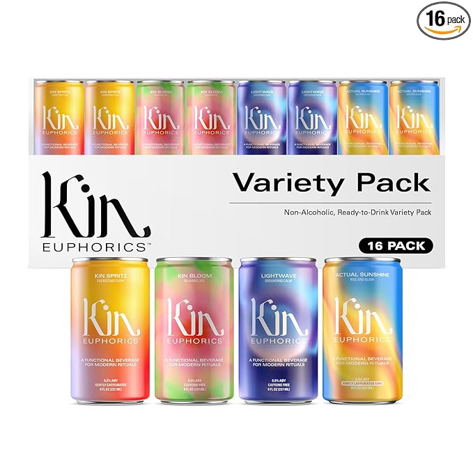 Kin Variety 16 Pack with 4 Spritz, 4 Lightwave, 4 Bloom, and 4 Actual Sunshine by Kin Euphorics, Non Alcoholic Spirits, Ready to Drink, Awaken The Mind, Calm Your Mood, and Conjure Clarity, 8 Fl Oz