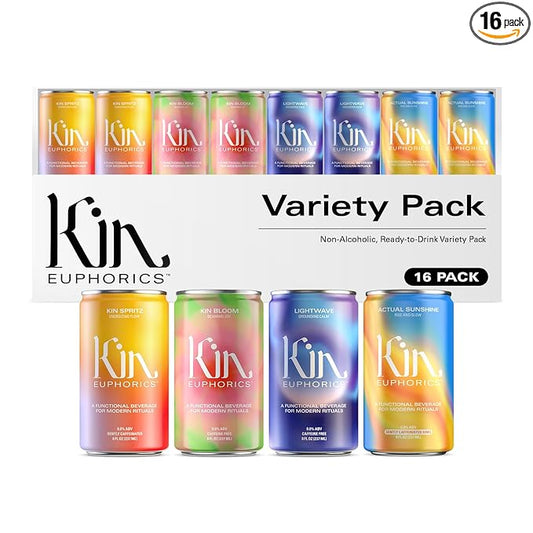 Kin Variety 16 Pack with 4 Spritz, 4 Lightwave, 4 Bloom, and 4 Actual Sunshine by Kin Euphorics, Non Alcoholic Spirits, Ready to Drink, Awaken The Mind, Calm Your Mood, and Conjure Clarity, 8 Fl Oz