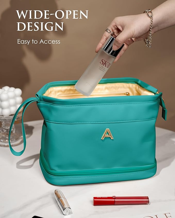 Gifts for Females, Birthday Gift for Her, Makeup Bags, Waterproof Double Layer Cosmetic Bag, Large Capacity PU Leather Makeup Bags Letter Travel Toiletry Bag, Initial Gifts for Coworkers