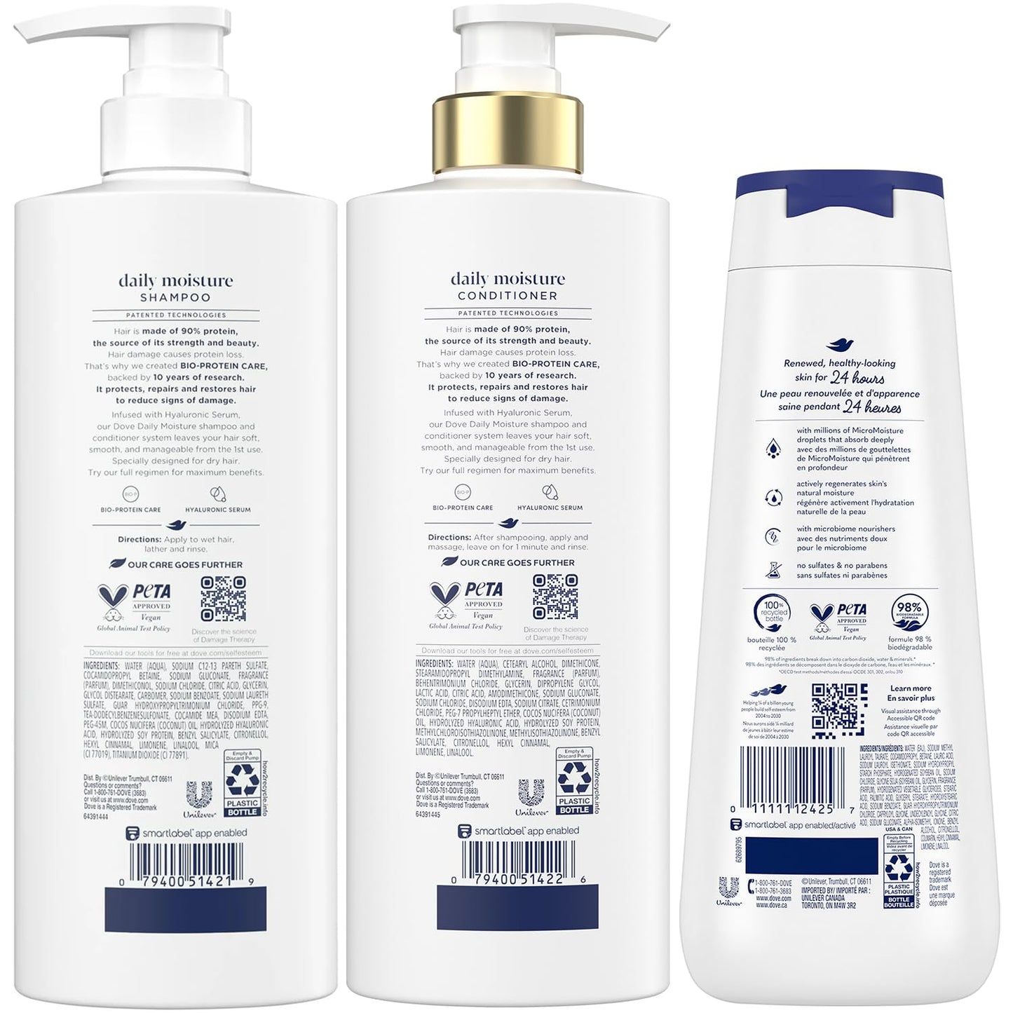 Dove Daily Moisture Shampoo & Conditioner Set with Deep Moisture Body Wash – Deep Hydration for Revitalizing Dry Hair and Skin (3-Piece Set)