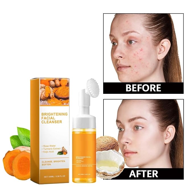 Yaper 2 Pcs Turmeric Foaming Face Wash,Deep Cleansing and Exfoliating Glow Wash Turmeric Facial Cleanser With Brush.