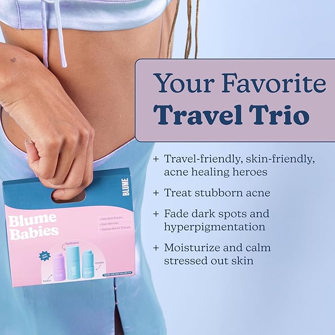 Blume Babies Travel Size Skin Care Set - Acne & Scar Treatment Travel Size Toiletries - Meltdown Acne Face Oil, Milky Fade Vitamin C Serum & Meltdown Gel Moisturizer - TSA-Approved Skincare Set (3 Ct)