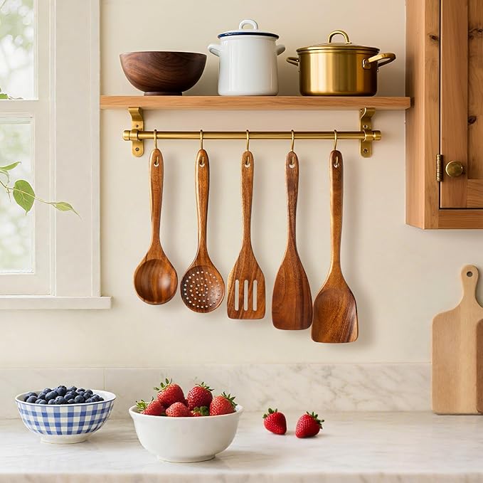 8-Piece Teakwood Utensil Set for Cooking, Natural Wooden Spoons & Spatulas for Non-Stick Cookware, Kitchen Gift Set for Christmas, Housewarming, Wedding