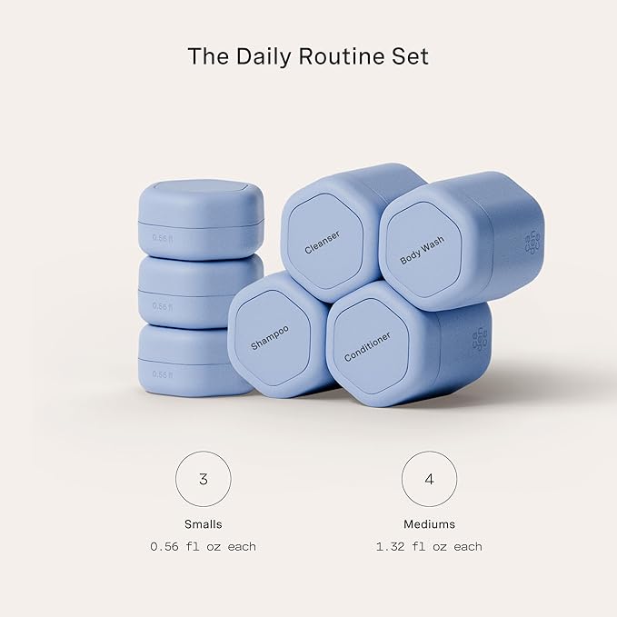 Cadence Travel Containers - Daily Routine Capsule Set - Magnetic Containers with Lids,4 Flex Mediums (1.32oz) & 3 Flex Smalls (0.56oz) - Shampoo, Conditioner, Body Wash, Pills, & More - Pacific