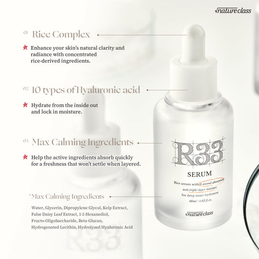 NATURECLASS R33 Serum with Rice Complex & 10 Types of Hyaluronic Acid – Fast-Absorbing, Non-Sticky Hydrating Serum for 24-Hour Moisture, Calming, Korean Skincare (50ml / 1.69 fl.oz.)