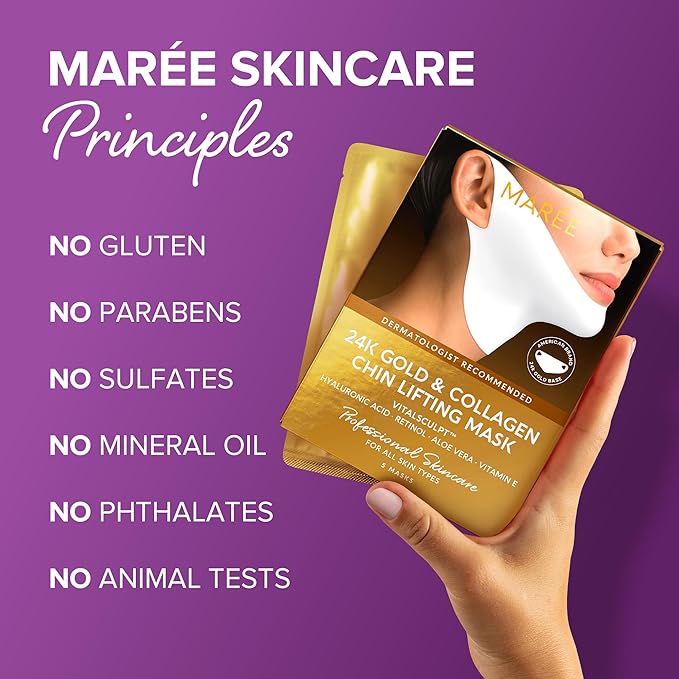 MAREE V Line Lifting Mask with 24K Gold – Deep Collagen Face Mask for Women – Jawline Shaper with Retinol & Hyaluronic Acid – Double Chin & Neck Tightening Mask for Face Lift – 5 PACK