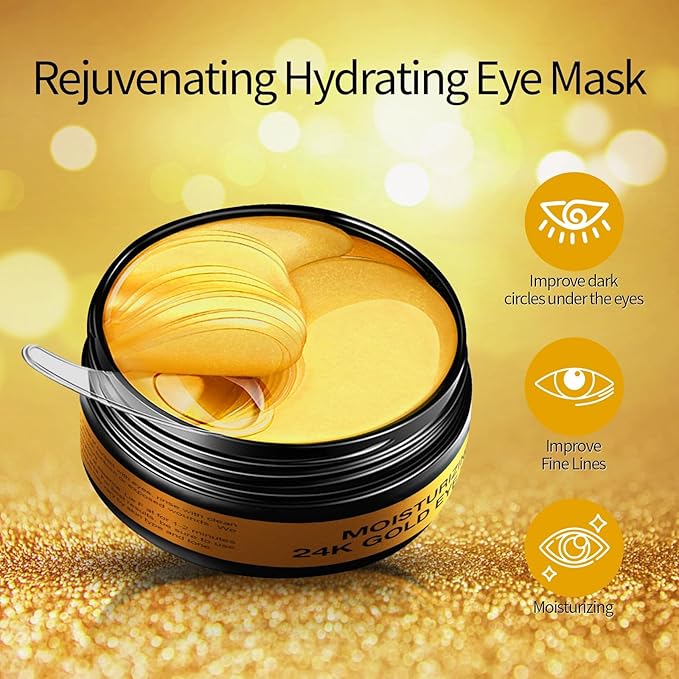 Tunbot Eye Mask - 60 Pieces - 24k Gold Eye Mask - Anti-Aging - Contains Collagen & Hyaluronic Acid - Removes Dark Circles, Puffiness & Wrinkles, Moisturizes - Home Skin Care