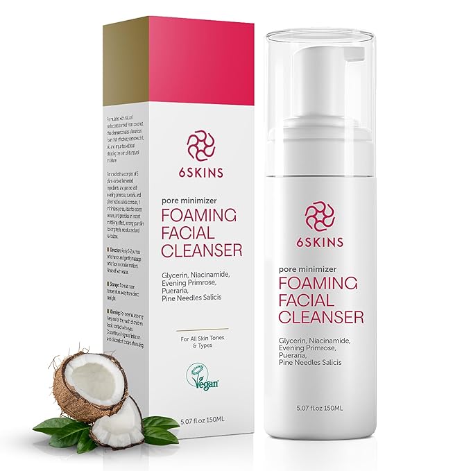 6SKINS® Pore Minimizer Foaming Facial Cleanser – Exfoliating Face Wash with Anti-Sebum P, Niacinamide & Evening Primrose | Gentle Hydrating Korean Face Wash for All Skin Types | 5.07 fl oz