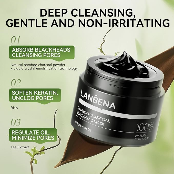 LANBENA Upgraded 2.0 Bamboo Charcoal Blackhead Remover Mask - 60 Nose Strips, Peel off & Purify Pores, Deep Cleanse for All Skin Types