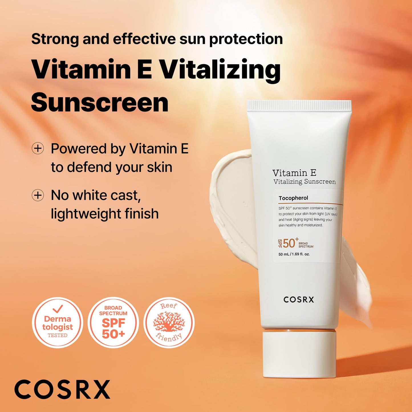 COSRX Vitamin E Vitalizing Face Sunscreen SPF 50, 1.69 fl oz, SPF Moisturizer, Lightweight under Makeup, Travel Essentials, Summer Essentials, Korean Skin Care, Korean Sunscreen for Face