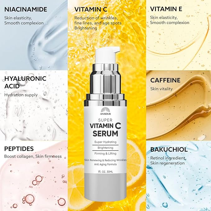 Super Vitamin C Serum for Women over 70: Hyaluronic Acid Serum for Face, Dark Spot Remover and Wrinkle Reduction - Lifting, Smoothing, Moisturizing, All in One Skin Care Formula, 1 fl oz