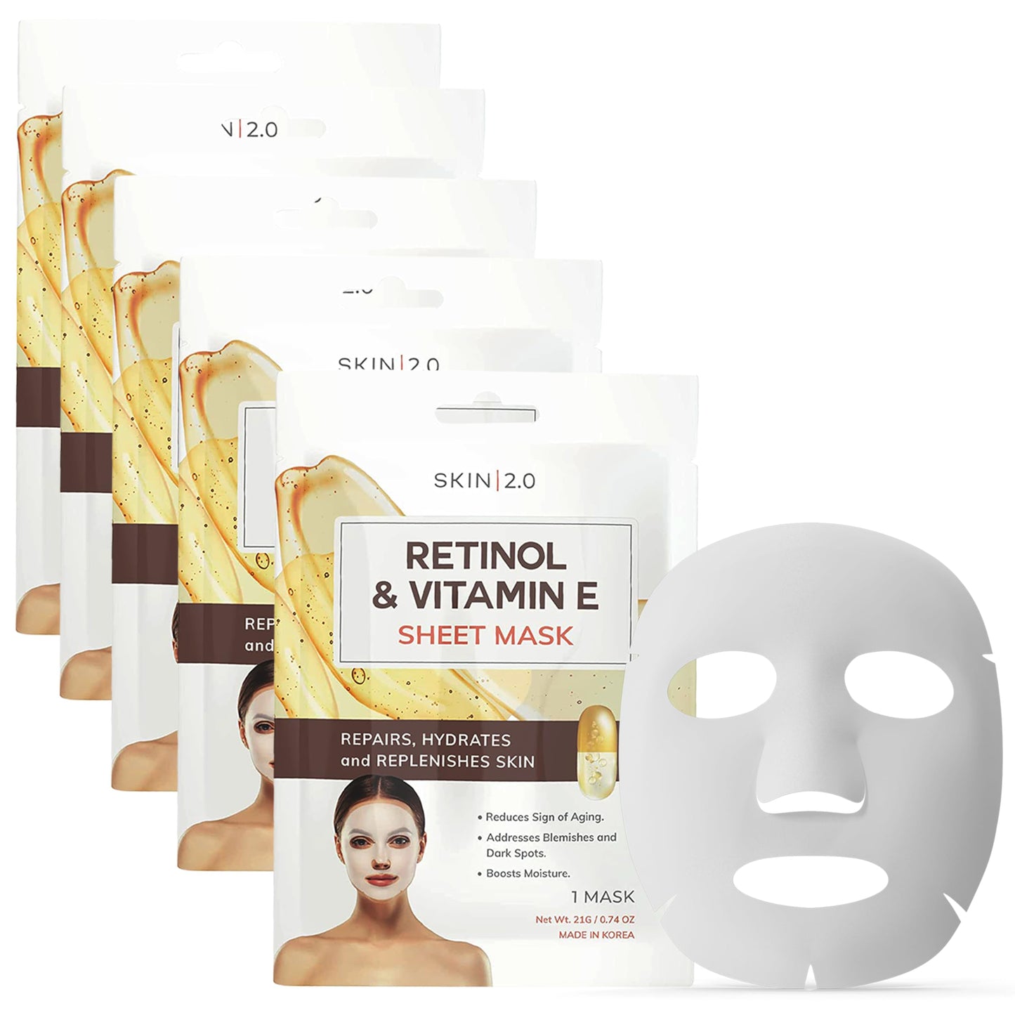 Skin 2.0 Retinol & Vitamin E Sheet Mask - Anti-Aging, Acne Scar & Hyperpigmentation - Hydrating, Dermatologist Tested Korean Skincare - Clean Beauty, Cruelty-Free, All Skin Types - 5 Masks
