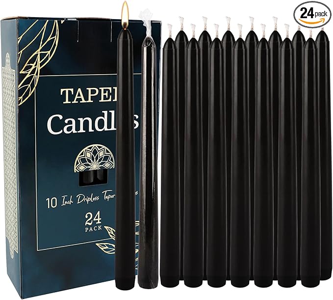 24 Pack Black Taper Candles, 7-8 Hours Burn Time, Unscented, Smokeless and Dripless, 10 Inch Dinner Candle Set for Household, Wedding, Party and Home Décor Candlesticks.