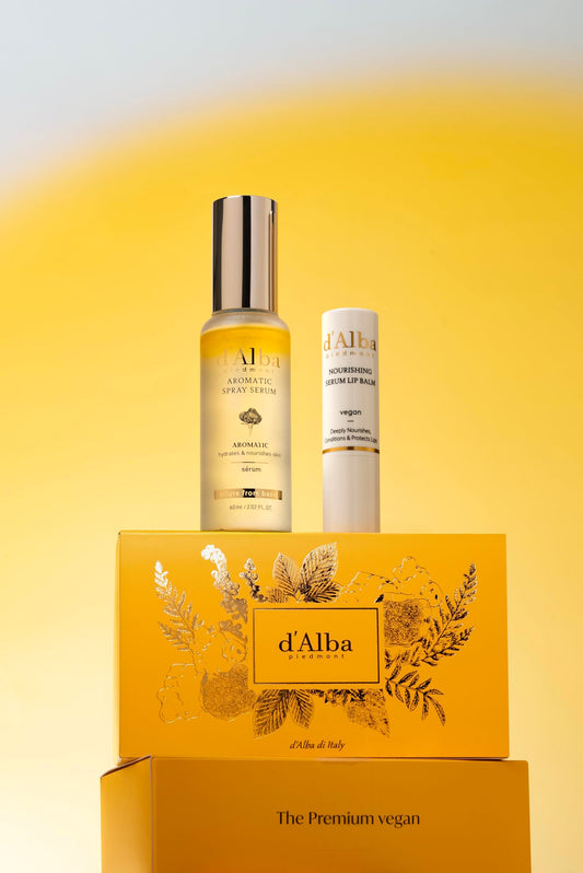 d'alba Piedmont White Truffle Vegan Gift Set, First Aromatic Spray Serum and Nourishing Lip Balm 35g – Deep Hydration & Antioxidant Care, Vegan Facial Mist & Lip Treatment Duo, Hypoallergenic