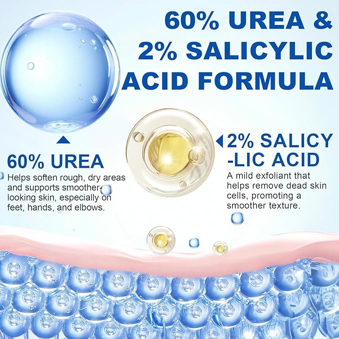 Urea Foot Cream, Urea Cream 60 Percent for Feet, Foot Cream for Cracked Heels and Dry Skin, Cracked Heel Repair Cream Plus 2% Salicylic Acid, for Calluses and Hard Skin 2PCS